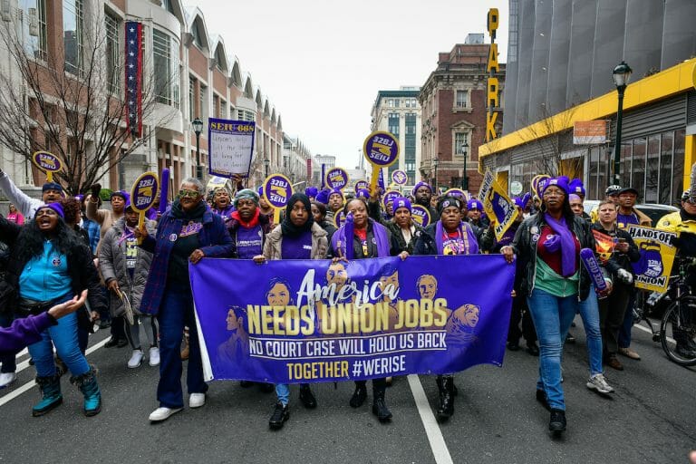 Members of 32BJ and other SEIU members marched from Independence Hall to City Hall to join a rally of area unions to protest the Janus v. AFSCME case being heard by the US Supreme Court, in Center City, Philadelphia, PA, February 24, 2018.